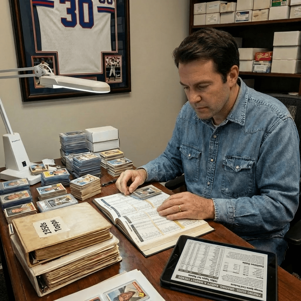 Man examining vintage baseball cards with a magnifying loupe and reference guides.