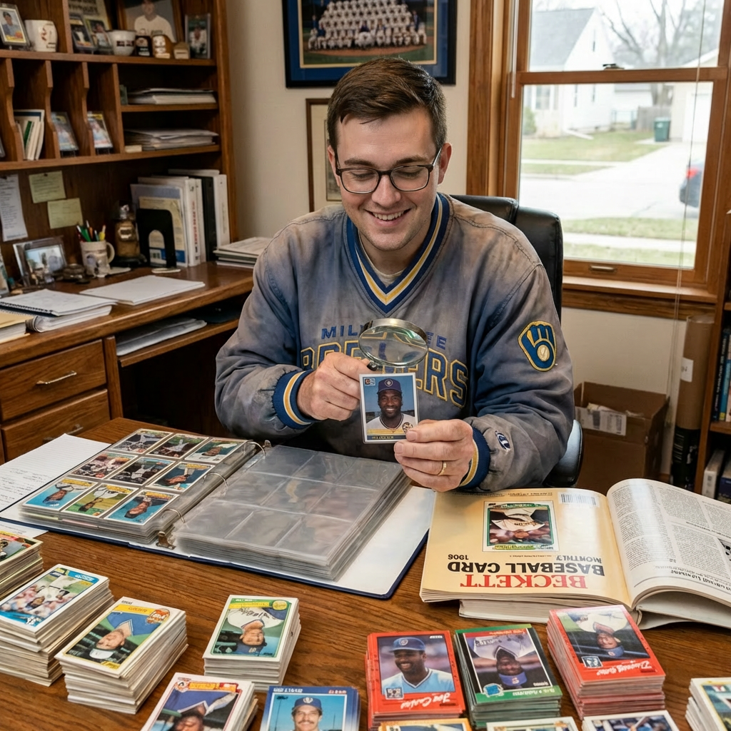An older man examines a baseball card with a magnifying glass among his large collection.