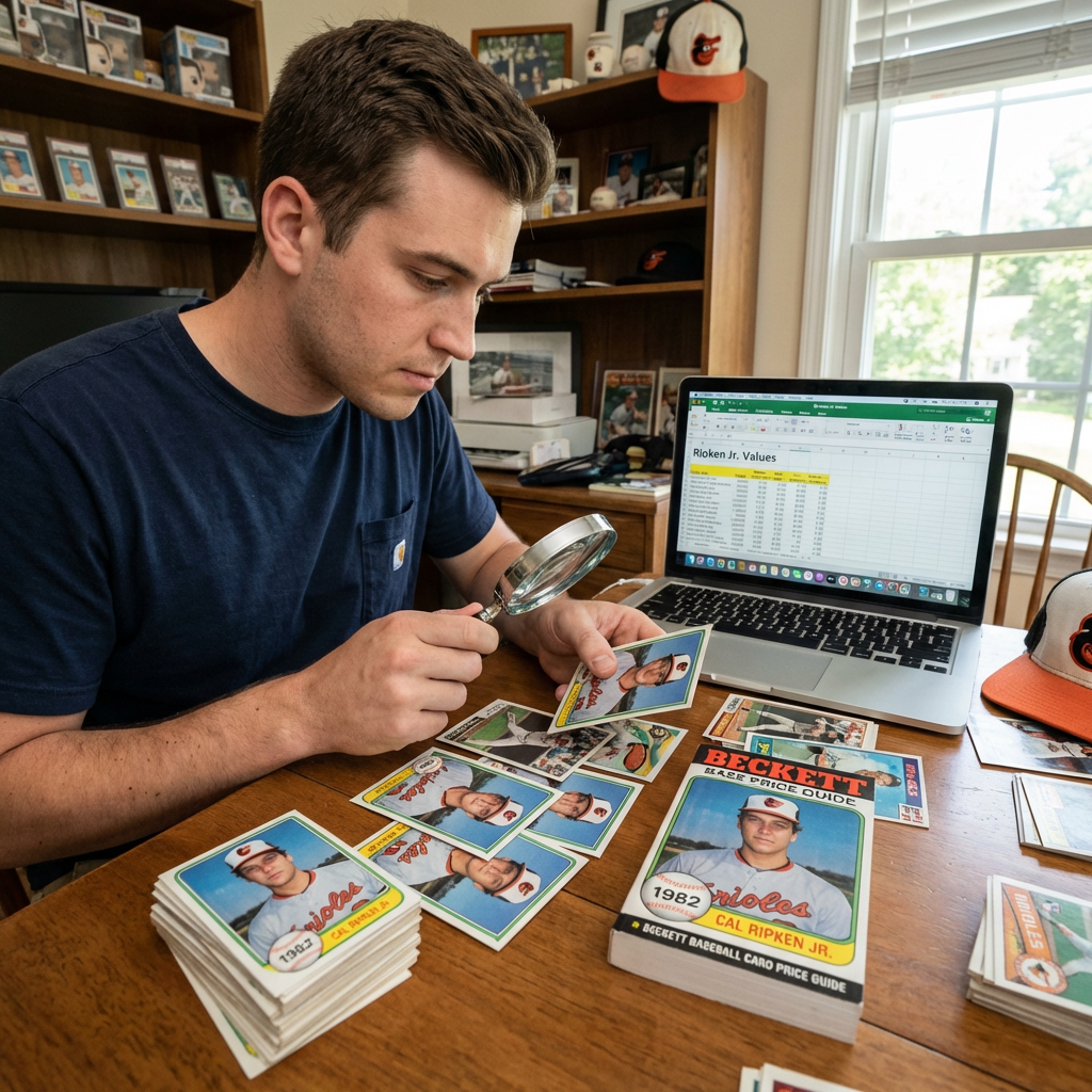 Man examining Cal Ripken Jr. baseball cards with a magnifying glass next to a laptop.