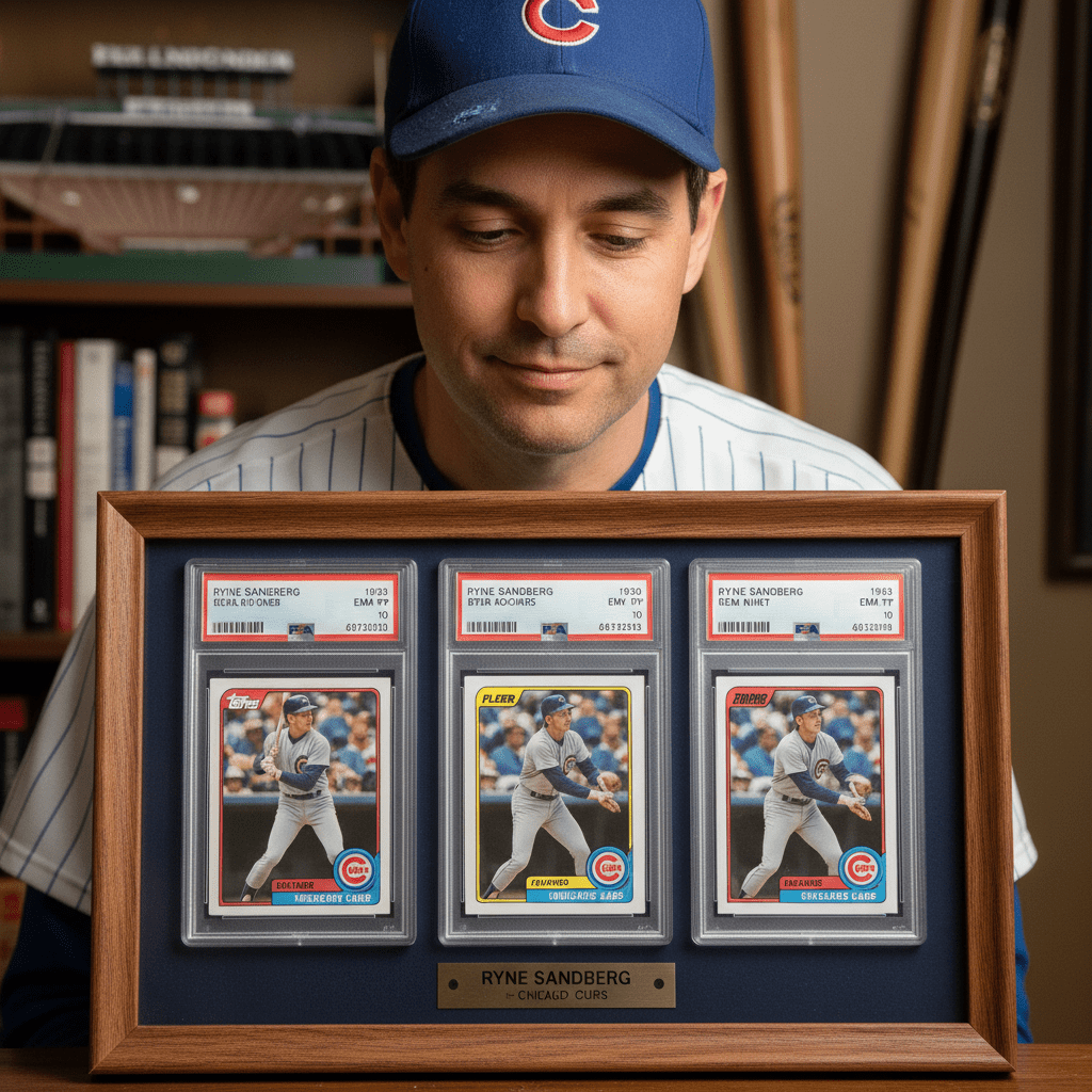 Framed collection of three graded Ryne Sandberg baseball cards held by a man in a Chicago Cubs jersey and hat